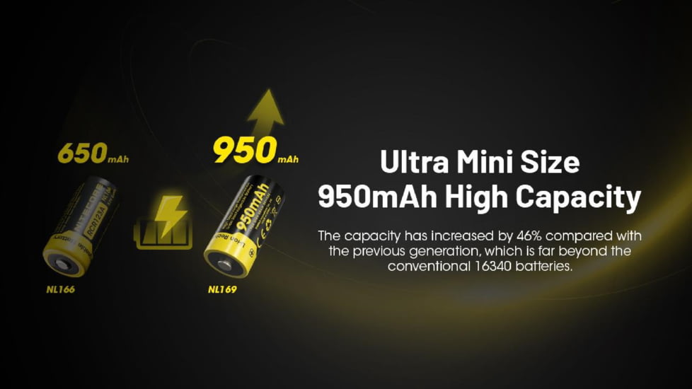 Nitecore NL169 950mAh Rechargeable 16340 Battery, Yellow, BAT-NITE-16340-NL169