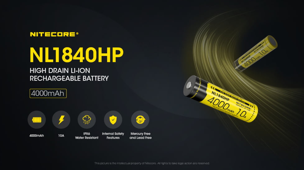 Nitecore NL1840HP 4000mAh Rechargeable 18650 Battery, Black/Yellow, 6952506496402