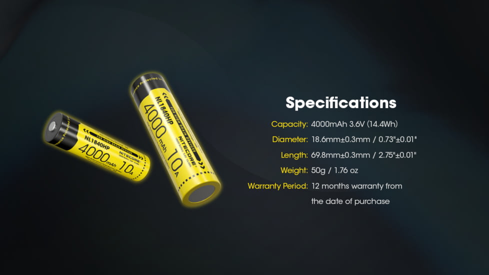 Nitecore NL1840HP 4000mAh Rechargeable 18650 Battery, Black/Yellow, 6952506496402