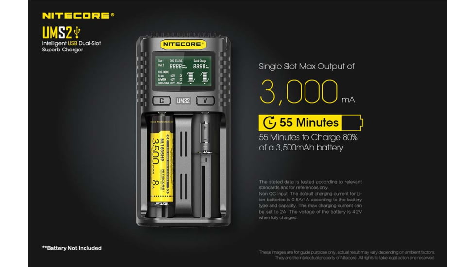 Nitecore UMS2 Intelligent USB Dual-Slot Superb Battery Charger, Black, 6952506492817