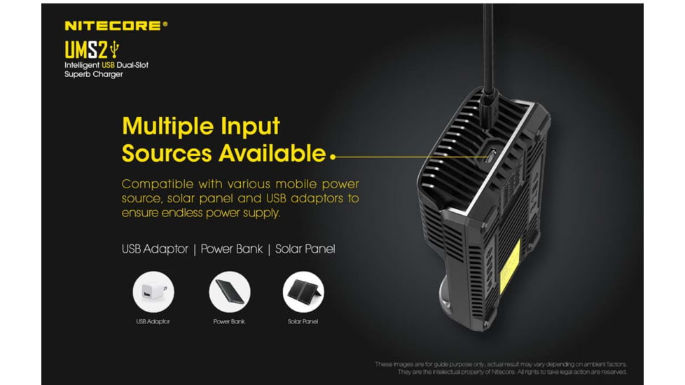 Nitecore UMS2 Intelligent USB Dual-Slot Superb Battery Charger, Black, 6952506492817