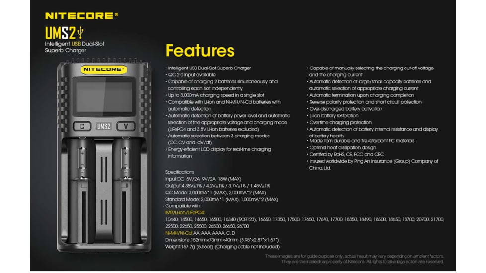 Nitecore UMS2 Intelligent USB Dual-Slot Superb Battery Charger, Black, 6952506492817