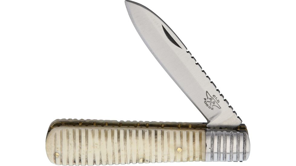 OldForge Barlow Grooved Bone Folding Knife,3.125in,Stainless Steel,Standard Edge,White,Bone Handle OF006