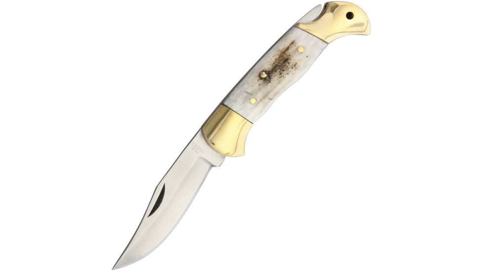 Ole Smoky Stag Lockback Folding Pocket Folding Knife, 3in Satin SS Clip Point Blade, Stag Bone Handle, Brown Leather Sheath, OS89