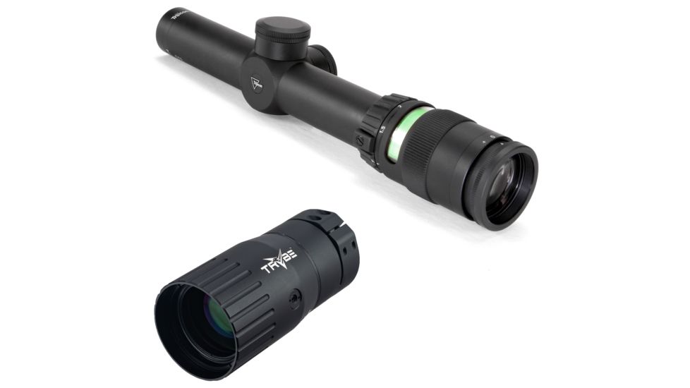 Trijicon AccuPoint TR-24 1-4x24mm Rifle Scope, 30 mm Tube, SFP, Black, Green German #4 Crosshair w/ Dot Reticle, MOA Adjustment, w/ TRYBE Optics Enhancer, TR24-3G-KIT1