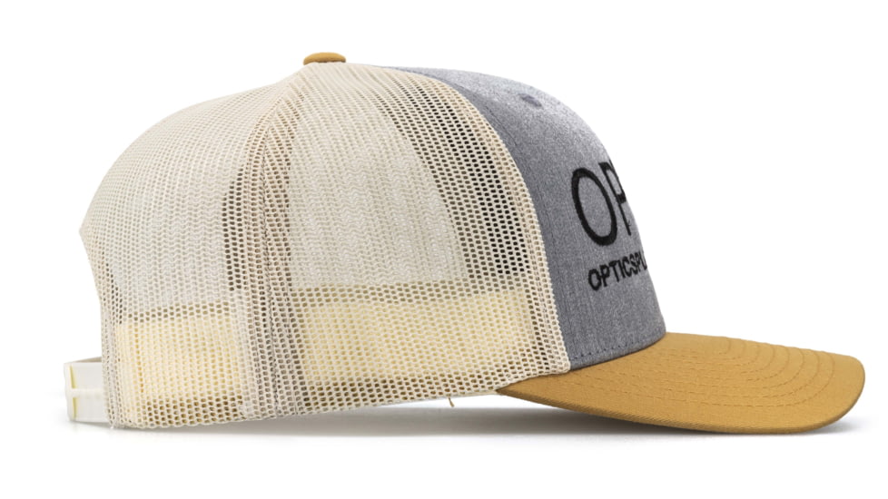 OPMOD Trucker Hat Embroidered Logo, Heather Grey/Birch/Biscuit, OPMBist-HeatGrey/Bir