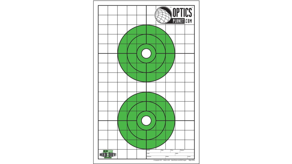 OpticsPlanet Exclusive EZ2C Targets Red Dot Optics Style 3, Green and Black Ink on High Quality White Paper, 25 Pack, EZ2CRD03