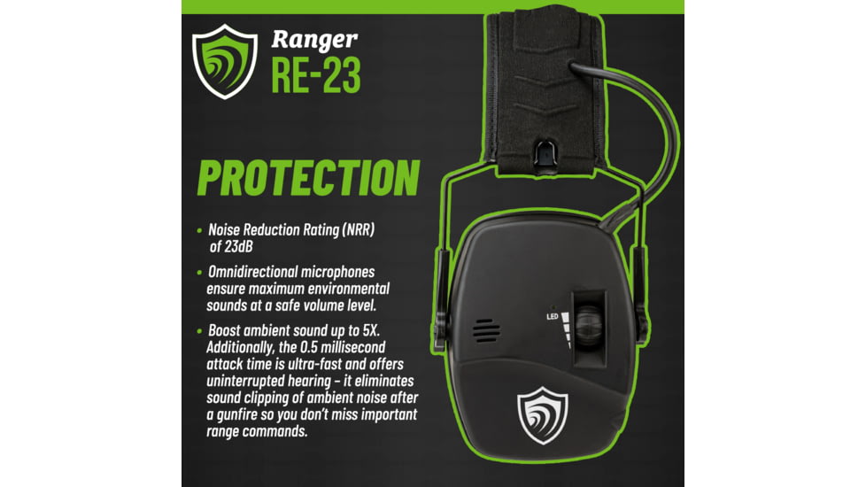 Otis Technology Ear Shield Ranger Electronic Pro Ear Muffs, 23dB, Black, FG-ES23E-BKH