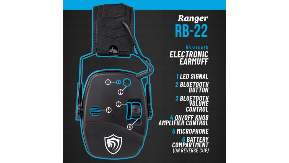 Otis Technology EarShield Ranger Bluetooth Earmuffs, 22dB, Black, 22dB NRR, FG-ES22B-BK