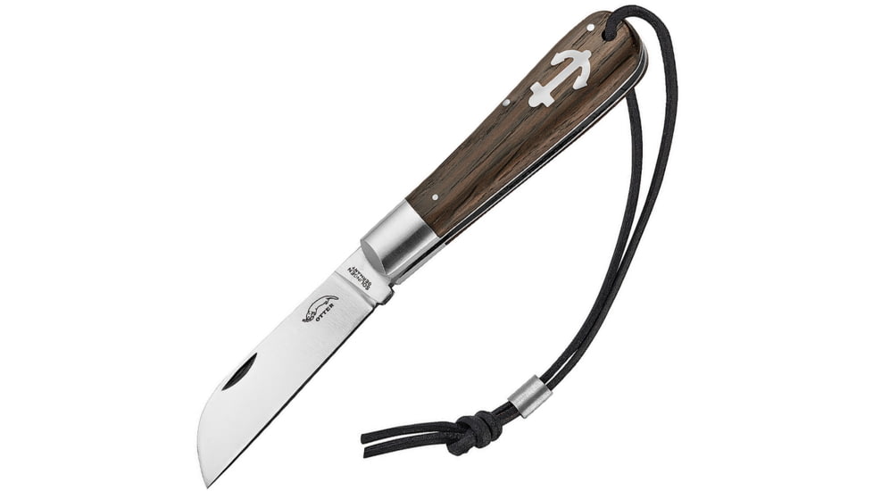 OTTER-Messer 172MLB Carbon steel Large Anchor Folding Knife, 3.13in Satin Carbon Steel Blade, Smoked Oak Handle, SS Bolster, Inlay Shield, Slip Joint, Leather Lanyard Strap, Smoked, 172 M LB
