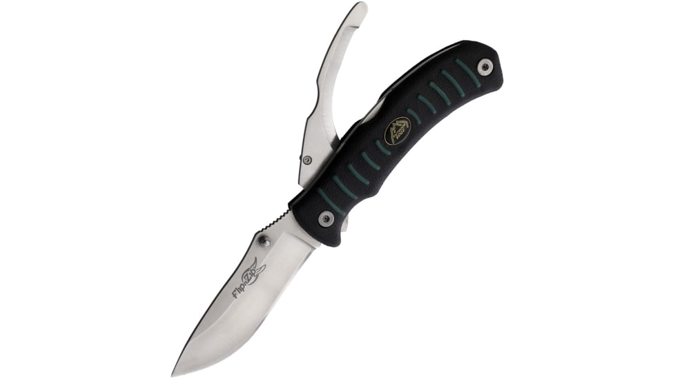 Outdoor Edge Cutlery Flip N Zip Closeout Folding Knife, 4.63in Closed, 8Cr13MoV Drop Point/Gutting Blade, Black/Green Rubberized Kraton Handle, OEFZ20B