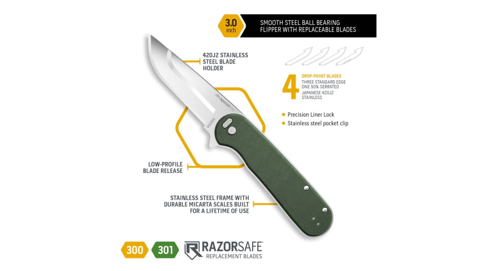 Outdoor Edge Cutlery Razor VX3 Folding Knife, 3in, Japanese 420J2 Stainless Blade, Green Micarta Handle, VX330BC