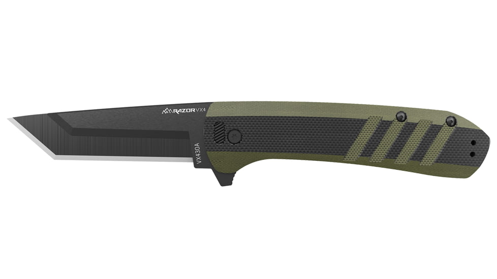 Outdoor Edge Cutlery Razor VX4 Folding Knife, 3in, Japanese 420J2 Stainless Steel Black Oxide Tanto Blade, Black/Green G10 Handle, VX430BC