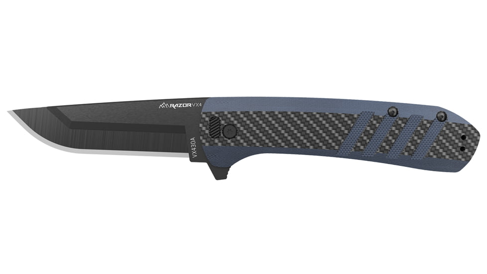 Outdoor Edge Cutlery Razor VX4 Folding Knife, 3in, Japanese 420J2 Stainless Steel Black Oxide Drop Point Blade, Carbon Blue G10 Handle, VX430CC