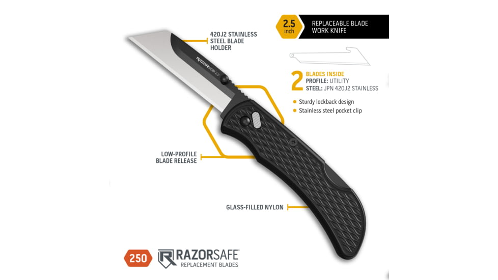 Outdoor Edge Cutlery RazorWork Replaceable Blade Utility Folding Knife, 2.5in, Stainless Steel Plain Edge, Black Handle, Box, RWK25-2