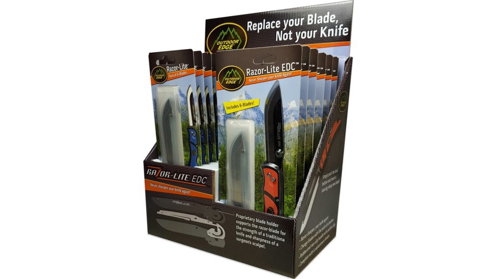 Outdoor Edge RLD-9 9 PC. 3.5" RazorLite EDC Folding Knifes, 4 PC. RR-6 3.5" Replacement Blades, Bister Packaging, Countertop Display, RLD-9