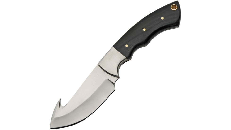 Pakistan 8022 7.5in Guthook Knife, 7.5in Overall, 3.25in Satin SS Guthook Blade, Finger Grooved Buffalo Horn Handle, SS Guard, Brown Leather Sheath, DH-8022HN