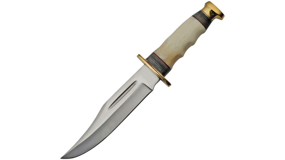 Pakistan Bowie Bone Handle Knife, 6.25 satin finish stainless clip point blade, Bone and black pakkawood finger grooved handle, 203412-BO