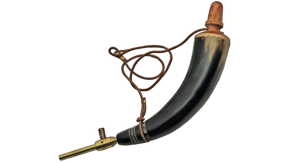 Pakistan Powder Horn Brass Tap, 15in Overall, 11in Powder Horn Length, Brass Tap, Leather Strap, Black, 230961