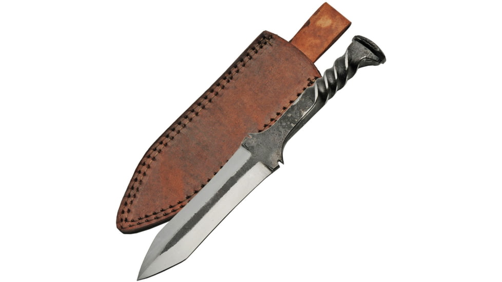 Pakistan Railroad Spike Dagger, 11in Overall, 5.5in Double Edge Blade, Twisted Handle, Brown Leather Sheath, HS-4414