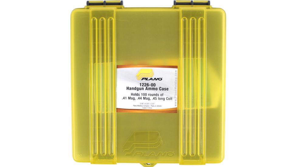 Plano 100 Count Handgun Ammo Case w/Hin ged Cover - 5.9in , .41 Mag .44 Mag .45 long Colt - Dr. Gray &amp; trans Amber 1226-00