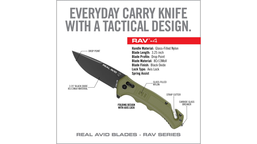 Real Avid Rav-4 Knife Assisted Folding 3.25 Bld Green Nylon