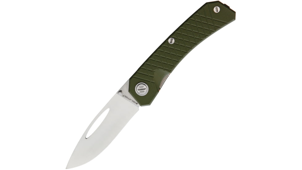 Real Steel Akuma Linerlock Olive Green Folding Knife, 3.75 satin finish Bohler K110 stainless blade, OD green textured G10 handle, 9112