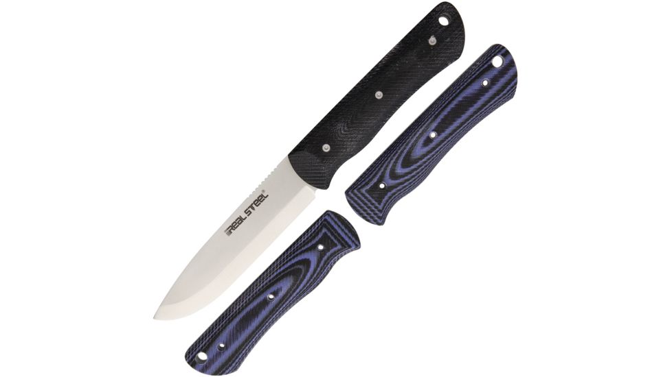 Real Steel Bushcraft Fixed Blade Knife Set,4in,D2 Tool Steel,Drop Point,Black/Blue Micarta Handle, 3715