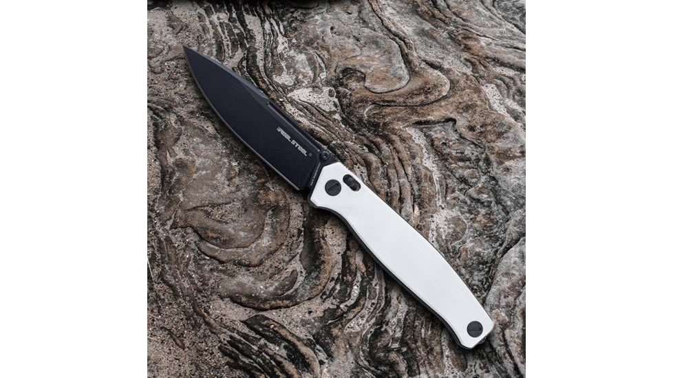 Real Steel Huginn White Folding Knife, 4.63in Closed, 3.63in Black Oxide Coated VG-10 SS Blade, White G10 Handle, 7652WB