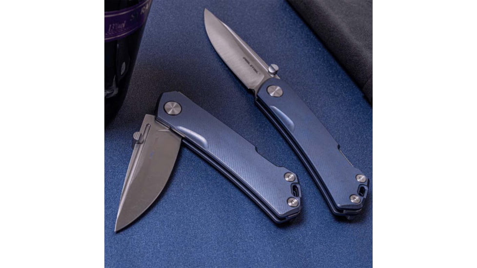 Real Steel Luna Maius Blue Folding Knife, 4.25in Closed, 3in Satin Bohler N690 SS Blade, Slate Blue Anodized Titanium Handle, 7093