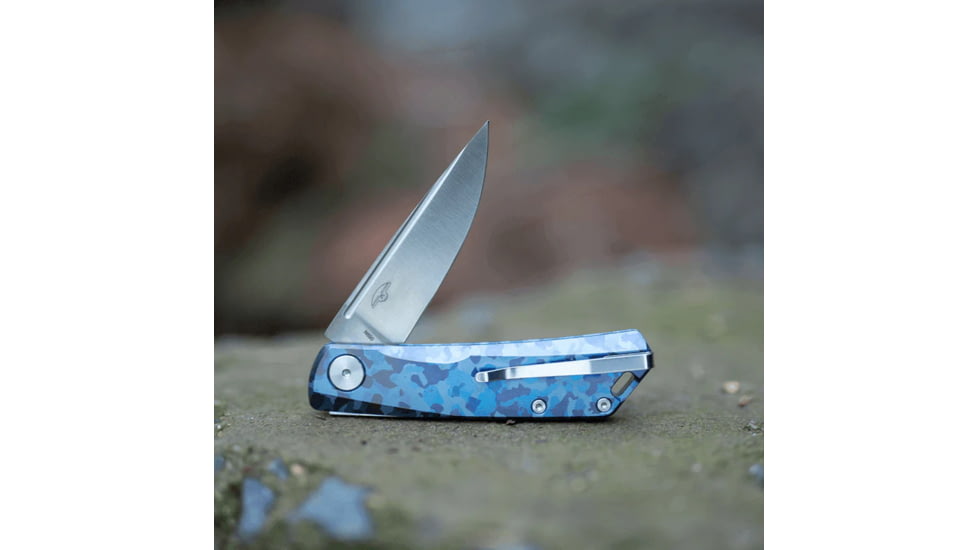 Real Steel Luna TC Folding Knife, 2.75in, N690 Steel, Titanium Handle, Blue Camo, 7001TC04B