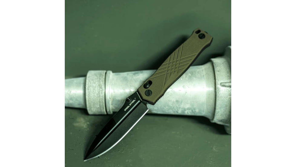 Real Steel Muninn OD Folding Knife, 4.63in Closed, 3.63in Black Stonewash VG-10 SS Blade, OD Green G10 Handle, 7752GB