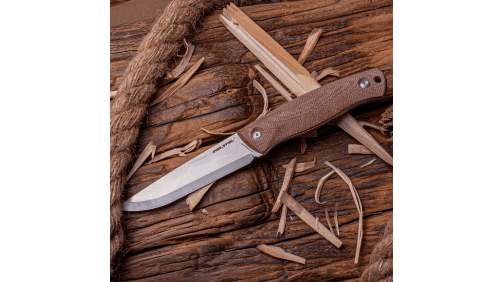Real Steel Pathfinder Fixed Blade Knife, 4.57in, 14C28N Steel, Brown Micarta Handle, 3851B