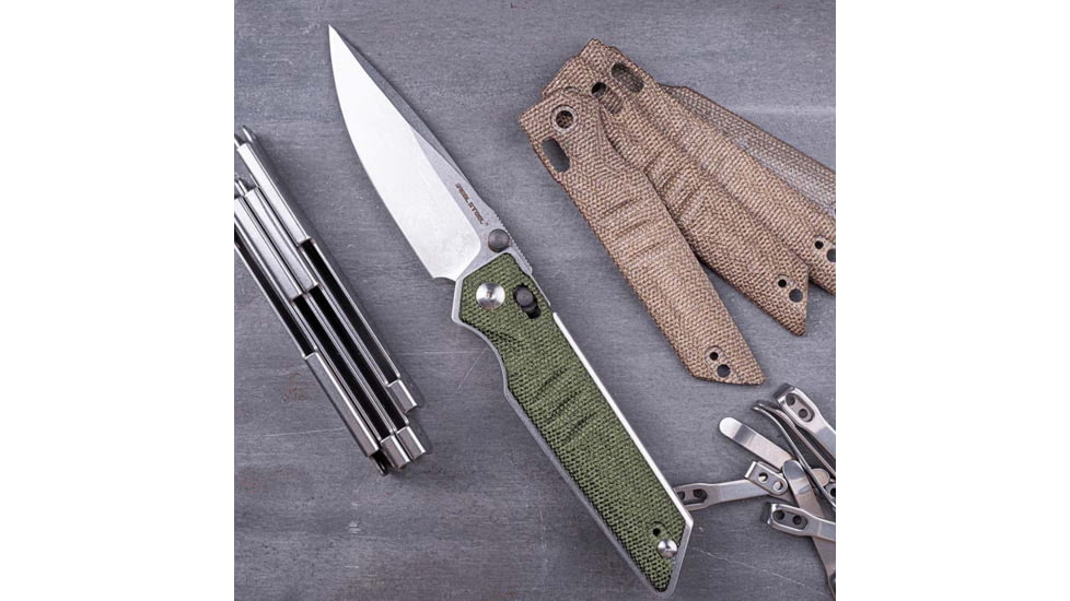 Real Steel Sacra Green Micarta Folding Knife, 4.13in Closed, 3.13in Stonewash Bohler K110 SS Blade, Green Canvas Micarta Handle, 7711G