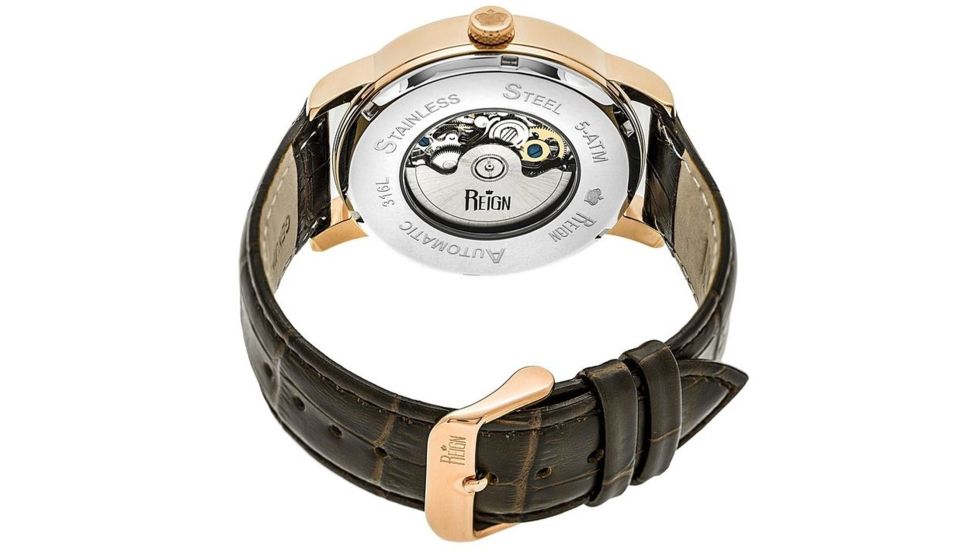 Reign Mens Belfour Automatic Skeleton Dial Crocodile-Embossed Leather Strap Watch Rose Gold Bezel, Rose Gold/Circle-shaped Case, Silver/analog Dial, Rose Gold Hands REIRN3604