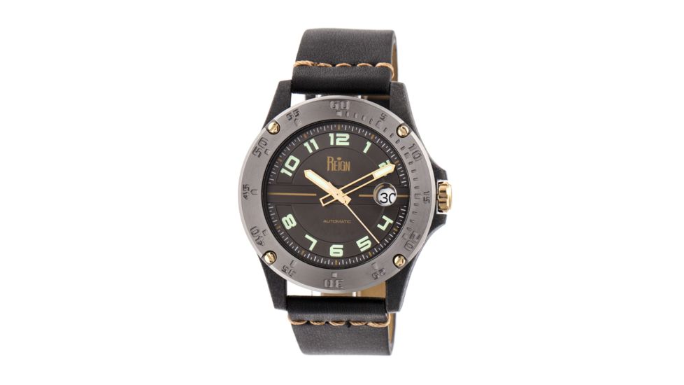 Reign Emery Leather-Band Watch w/Magnified Date, Gunmetal/Black REIRN5005