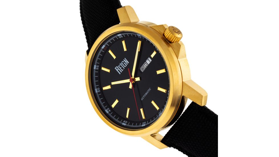 Reign Helios Automatic Leather-Band Watch w/Day/Date, Gold/Black, One Size, REIRN5706