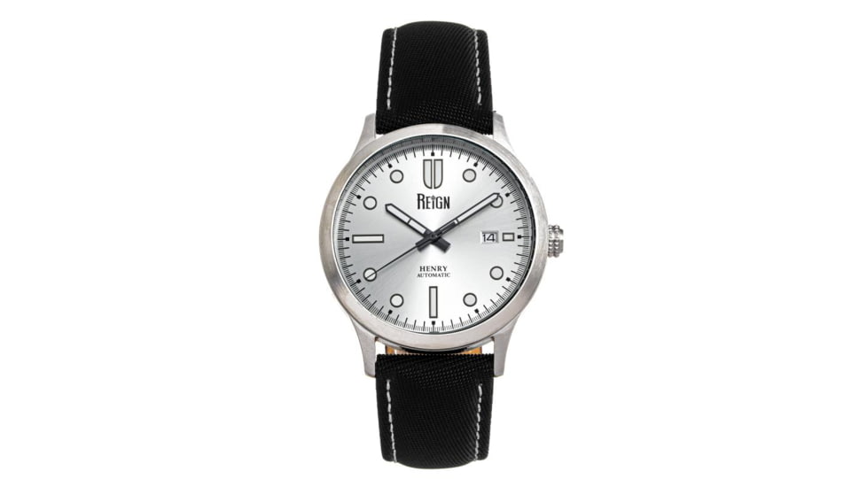 Reign Henry Automatic Canvas-Overlaid Leather-Band Watch w/Date, Silver - Mens, REIRN6201