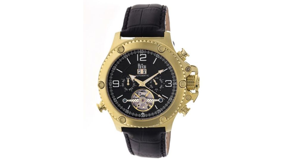 Reign Mens Goliath Watch,44mm,Black Dial,Gold Bezel,Black Leather Strap REIRN3305