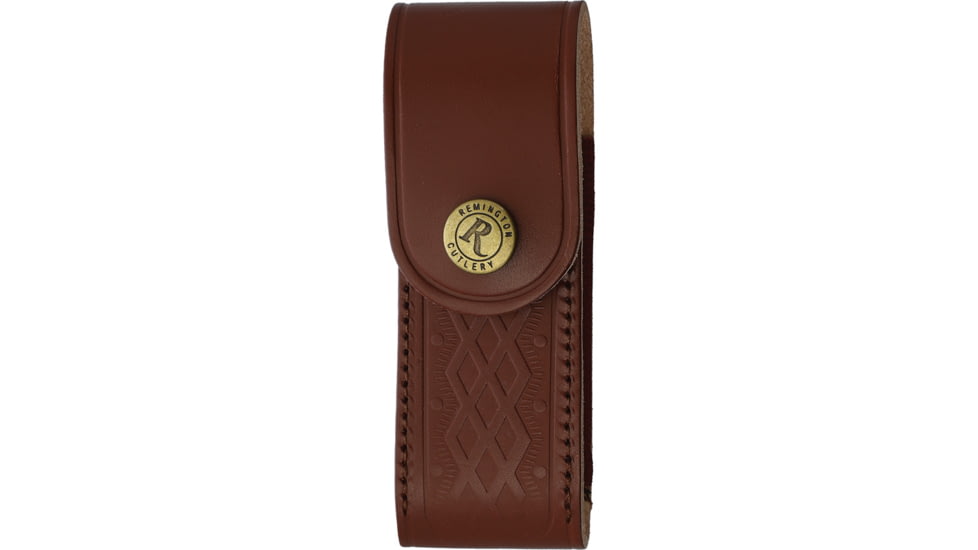 Remington Guide Folding Knife, 4in Closed, 3in Satin Stainless Trailing Point Blade, Wood/Stag Bone Handle, Brown Leather Belt Sheath, R15726