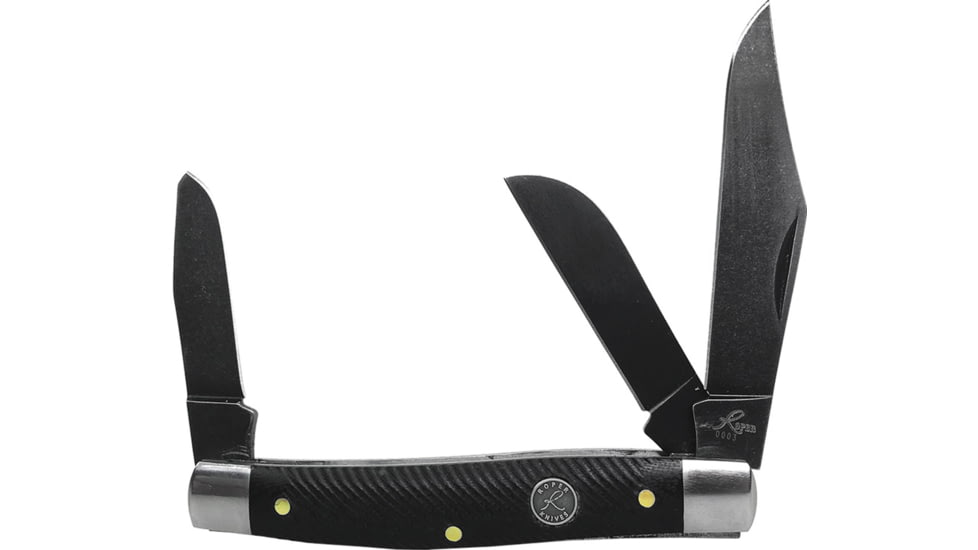 Roper Knives Stockman Black D2 Folding Knife, Stonewash finish D2 tool steel clip, sheepsfoot, a, Black sawcut G10 handle, RP0001XGB