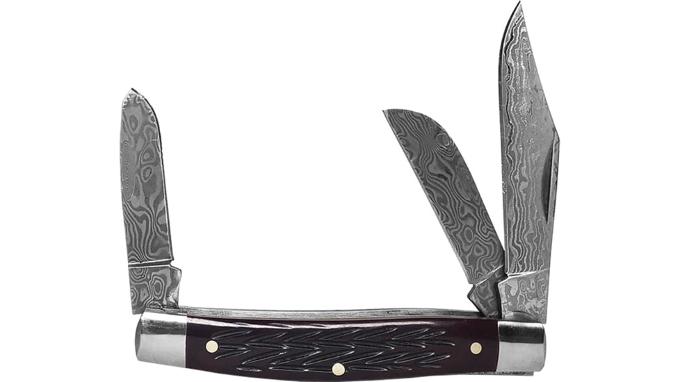 Roper Knives Tombstone Stockman Folding Knife, Damascus steel clip, sheepsfoot, and spey blades, Red jigged bone handle, RP0001DRB