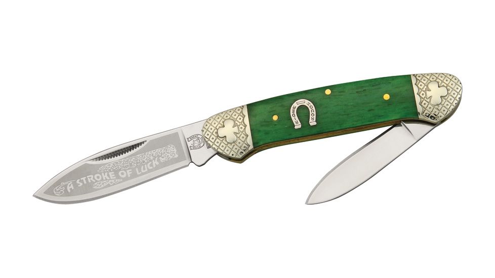 Rough Rider Canoe Fold Knife, SS spear and pen blade, Smooth green bone handle RR1062