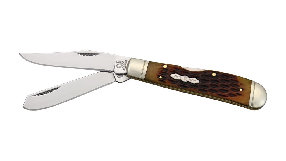 Rough Rider Lockback Trapper Fold Knife, 440 SS clip and spey blade, Amber jigged bone handle RR1069
