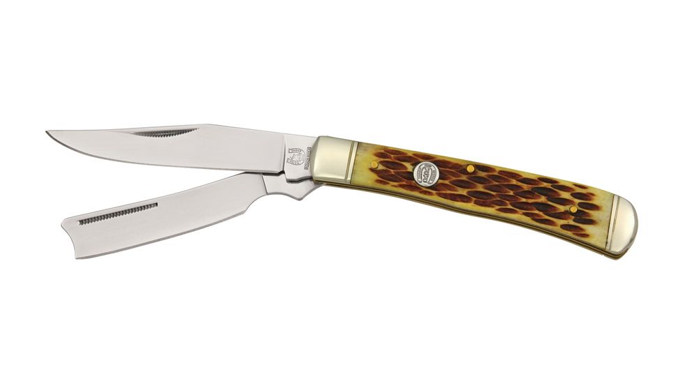 Rough Rider Razor Trapper Fold Knife, SS clip and razor blade, Amber jigged bone handle RR072