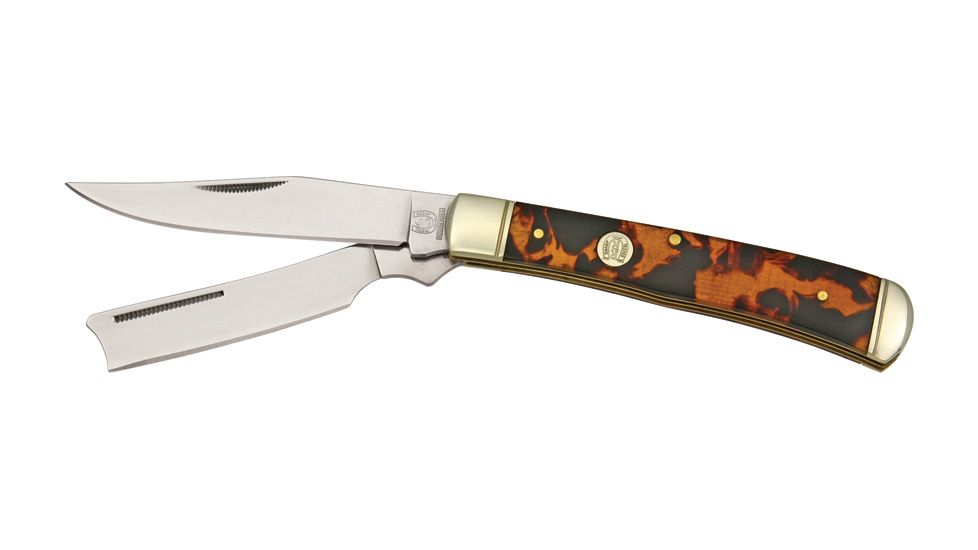 Rough Rider Razor Trapper Fold Knife, SS clip and razor blade, Imitation tortoise shell handle RR515
