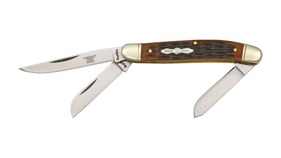 Rough Rider Stockman Fold Knife 3.5in, Clip, spey and sheepsfoot blade, Amber jigged bone handle RR438