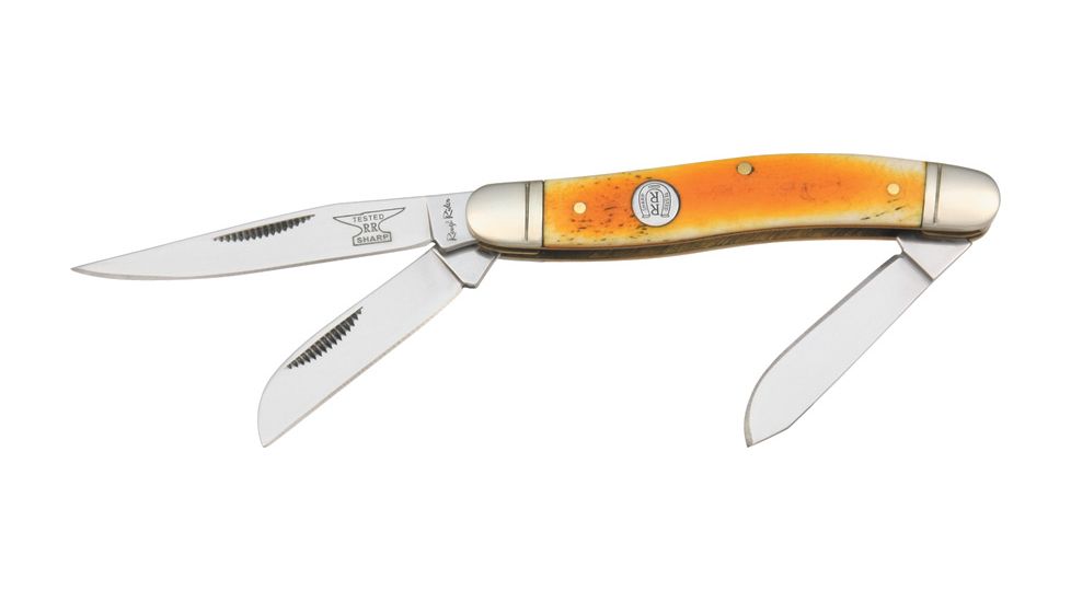 Rough Rider Stockman Fold Knife 3.5in, Clip, spey and sheepsfoot blade, Orange smooth bone handle RR005