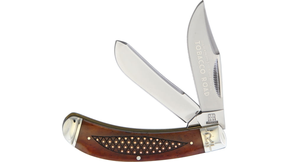 Rough Rider Tobacco Road Bow Trapper Folding Knife, Mirror SS Clip/ Spey Blades, Tobacco Bone Handle, KB27R
