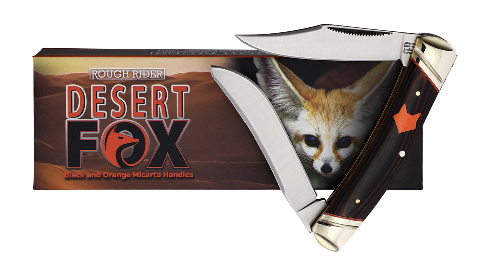 Rough Rider Desert Fox Small Moose Knife, 3.5in Closed, Satin Stainless Clip/Long Spey Blades, Black/Orange Micarta Handle, RR2301 KC016R 3.5"